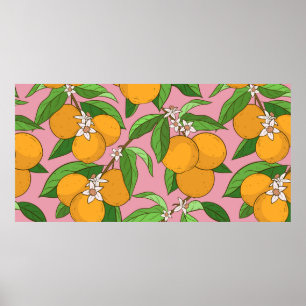 Poster Padrão sem costura com laranjas,folhas,flores bra