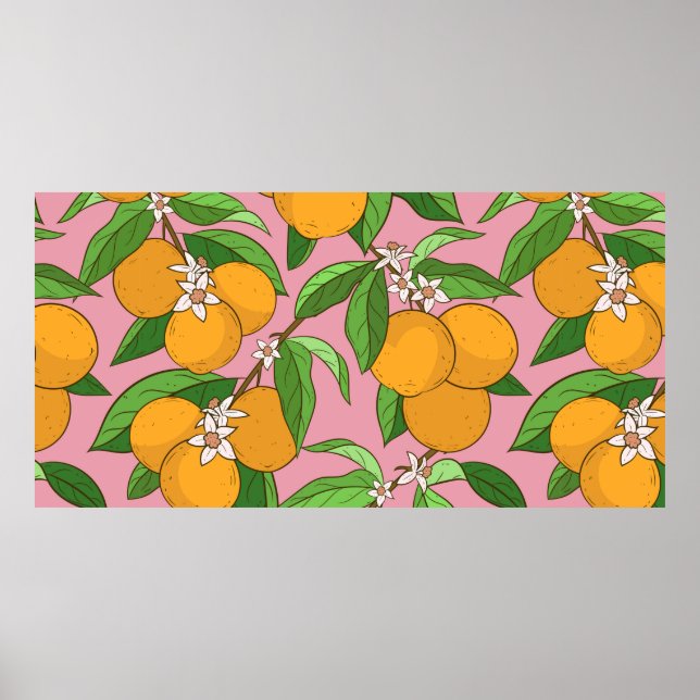 Poster Padrão sem costura com laranjas,folhas,flores bran (Frente)