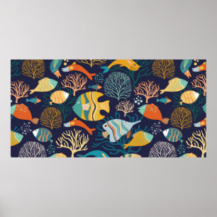Poster Padrão sem costura com peixes coloridos e pl aqu