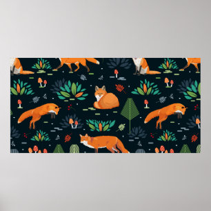 Poster Padrão sem costura com raposas, árvores, folhas,