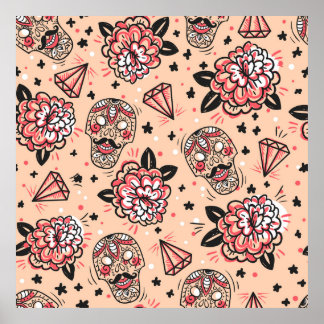 Poster Padrão sem costura com rosas, diamantes e