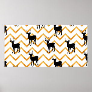 Poster Padrão sem costura com veado preto e textura doura