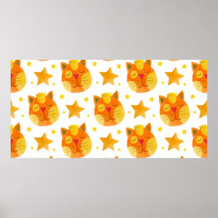 Poster Padrão sem costura de aquarelas e faces de gatos