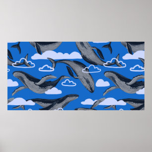Poster Padrão sem costura de baleias azuis. Vintag desen