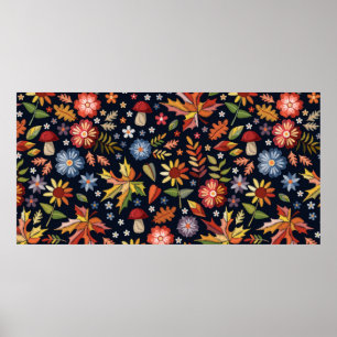 Poster Padrão sem costura de bordados com lindas flores