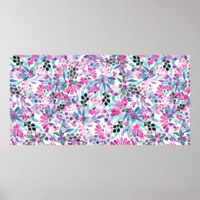 Poster Padrão sem costura de flores e bagas roxas,blu (Frente)