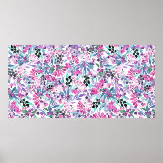 Poster Padrão sem costura de flores e bagas roxas,blu