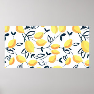 Poster Padrão sem costura de Gouache com limões amarelo