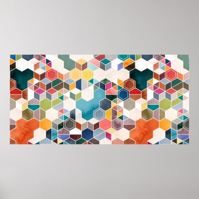 Poster Padrão sem costura de hexágonos em cores aleatória (Frente)