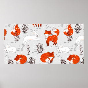 Poster Padrão sem costura de inverno com raposas e coelhi