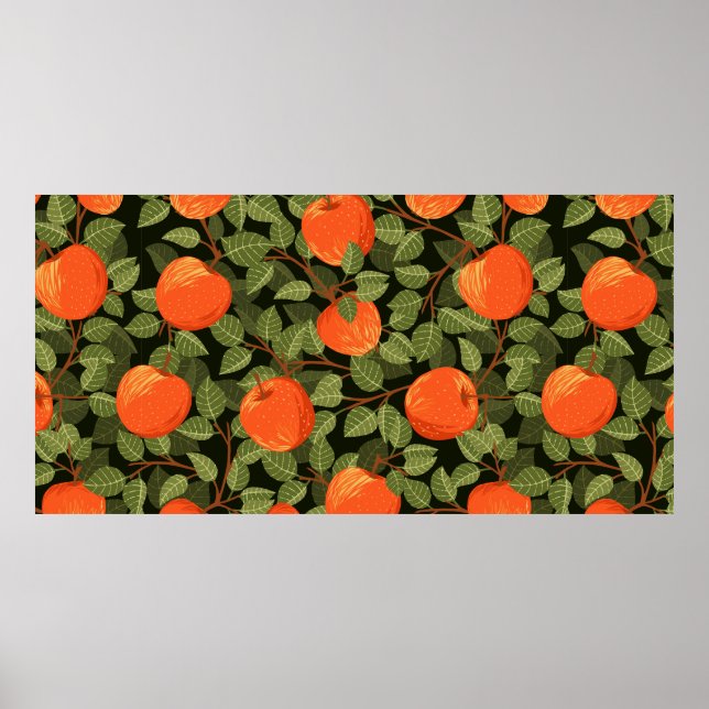 Poster Padrão sem costura de maçãs com folhas verdes plan (Frente)