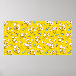 Poster Padrão sem costura de Verão com plantas floridas