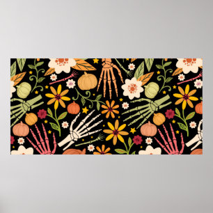 Poster Padrão sem costura do Halloween com ossos e flores