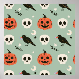 Poster Padrão sem costura do Halloween com ravens, crânio