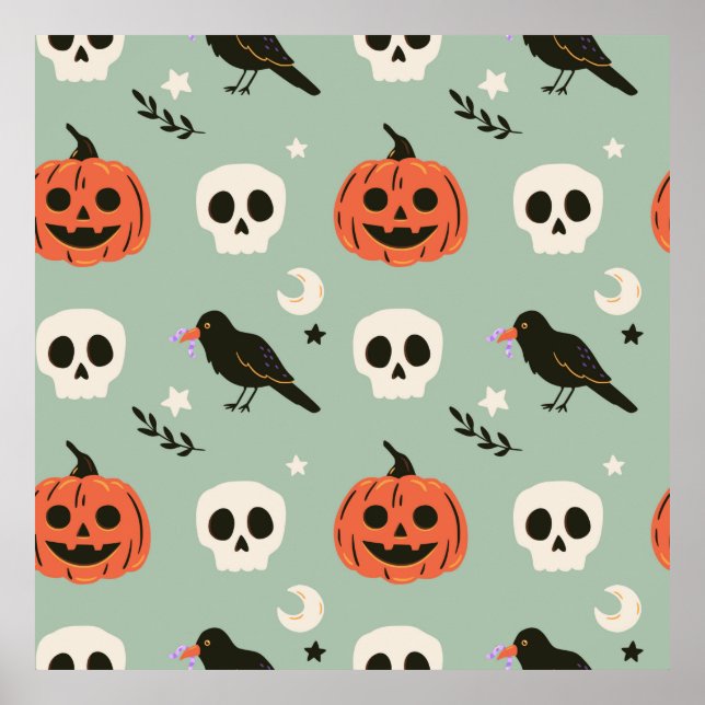 Poster Padrão sem costura do Halloween com ravens, crânio (Frente)