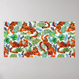 Poster Padrão sem costura, pintado em tigres a aquarelas
