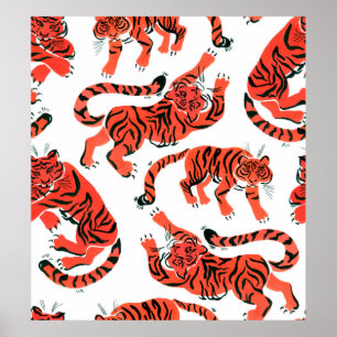 Poster Padrão sem costura pintado em tigres-guaches em