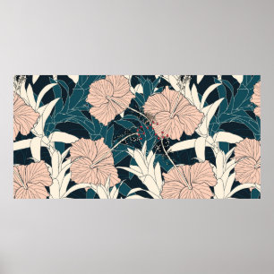 Poster Padrão sem costura tropical com flor de hibisco r