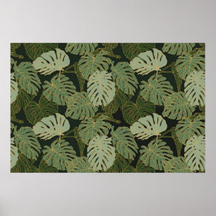 Poster Padrão sem emenda de monstera verde caqui e dourad