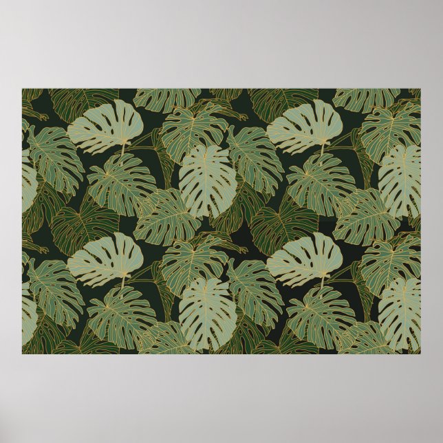Poster Padrão sem emenda de monstera verde caqui e dourad (Frente)