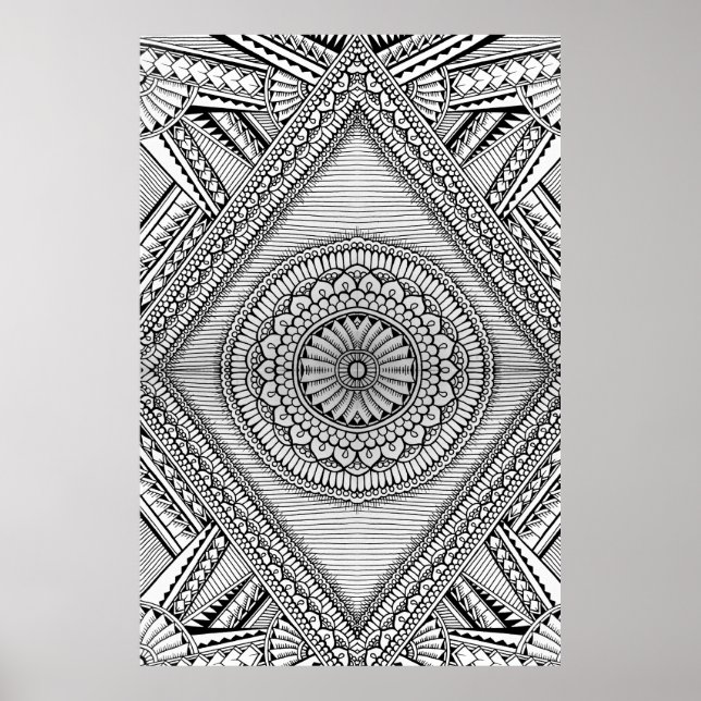Poster Padrão Tribal Mandala Preto e Branco (Frente)