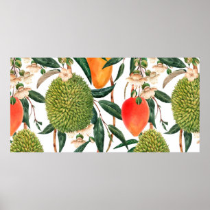 Poster Padrão tropical aquarela, fruta duriana, manga o