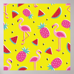 Poster padrão tropical com abacaxi rosa, flamingos, w