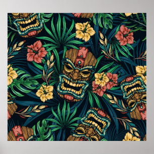 Poster Padrão Tropical de Máscara de Tiki Havaiano