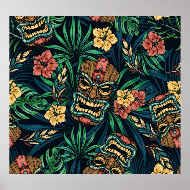 Poster Padrão Tropical de Máscara de Tiki Havaiano (Frente)