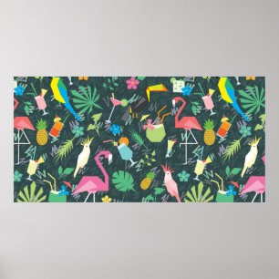 Poster Padrão tropical sem costura com aves e bebidas 1