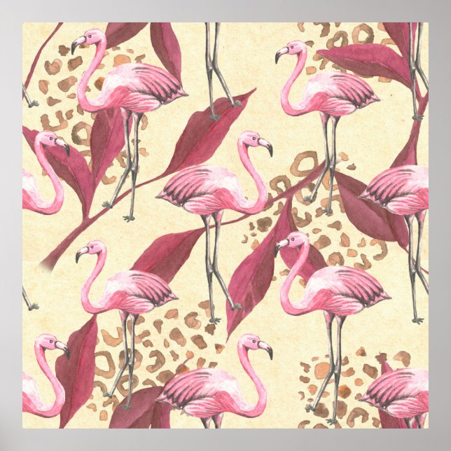 Poster Padrão tropical sem costura com flamingo rosa, fol (Frente)