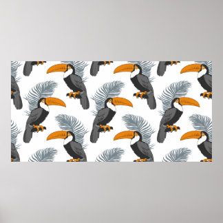 Poster Padrão tropical uniforme com tucanos e folhas. 
