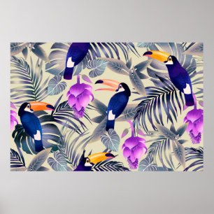 Poster Padrão tropical uniforme com tucanos, monstro, p