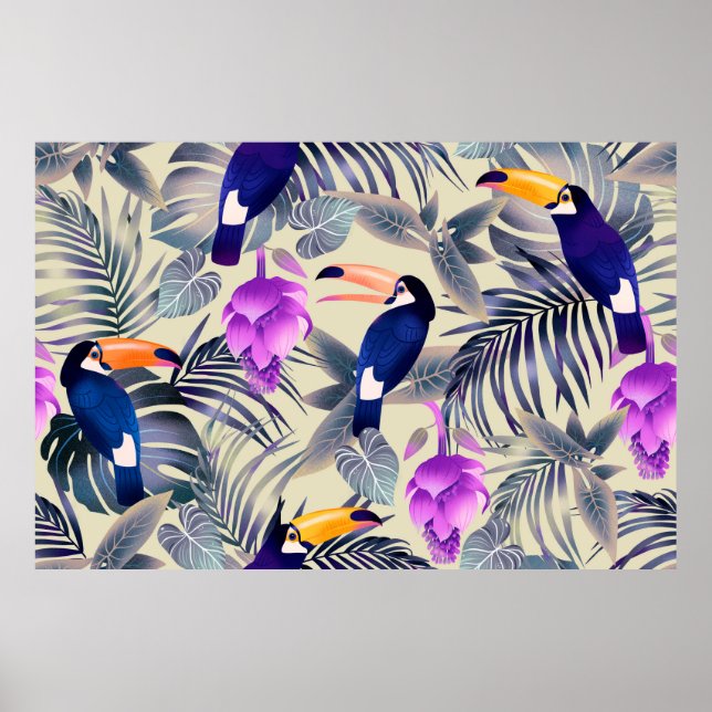 Poster Padrão tropical uniforme com tucanos, monstro, p (Frente)
