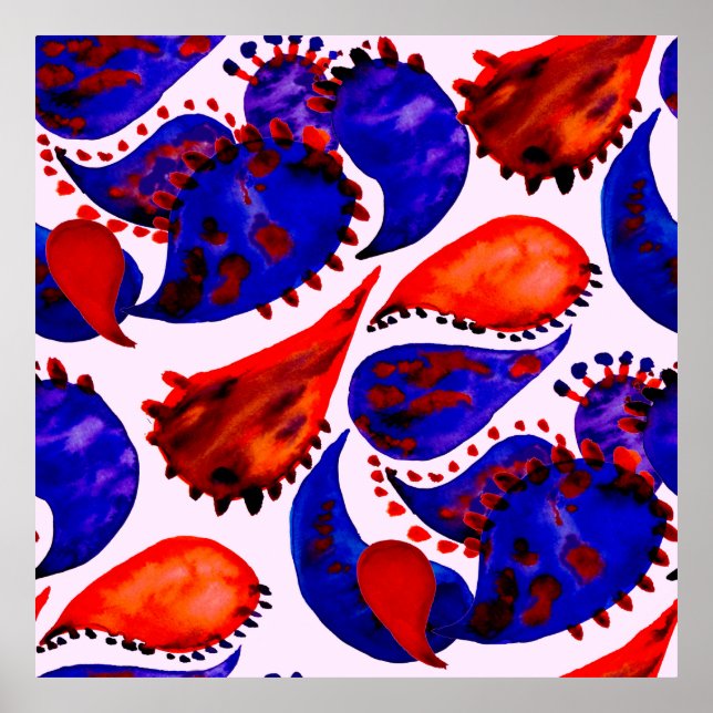Poster Padrão uniforme de aquarela com paisley. Abstrato (Frente)