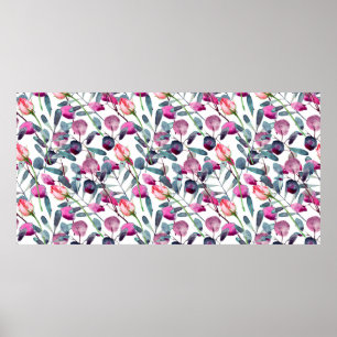 Poster Padrão uniforme de aquarela floral. Herbáceas de