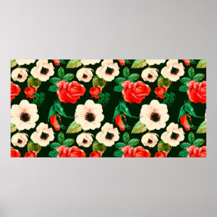 Poster Padrão uniforme de aquarela floral. Papoilas bran