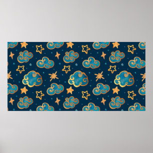 Poster Padrão uniforme de aquarelas com a lua, estrelas,