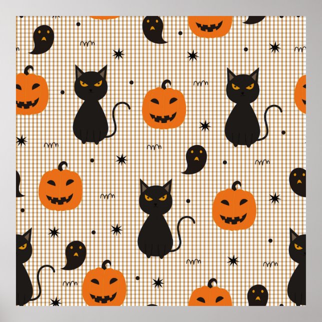 Poster Padrão uniforme de Halloween com gato preto e ghos (Frente)