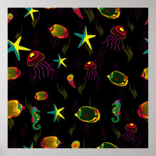 Poster Padrão uniforme de peixes amarelo, preto e marrom.