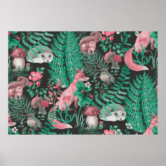 Poster Padrão uniforme desenhado à mão com floresta aquos (Frente)