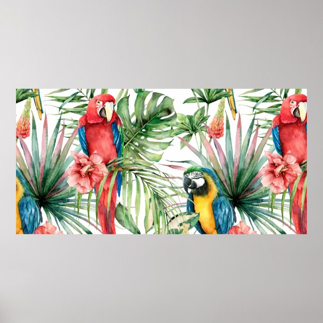 Poster Padrão uniforme tropical aquoso com papagaios (Frente)