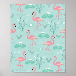 Poster Padrão Verde Flamingos Rosa Pastel