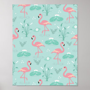 Poster Padrão Verde Flamingos Rosa Pastel