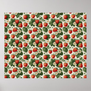 Poster Padrão Vintage de Morango com Flores