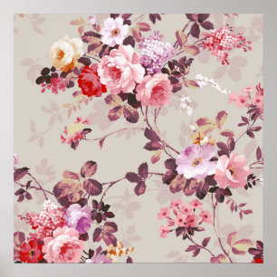 Póster Padrão Vintage Elegant Pink Red Purple Rosa