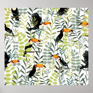 Poster Padrão Vintage Toucans Green Leaves