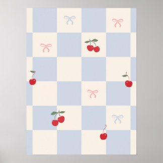 Poster Padrão xadrez azul com cerejas