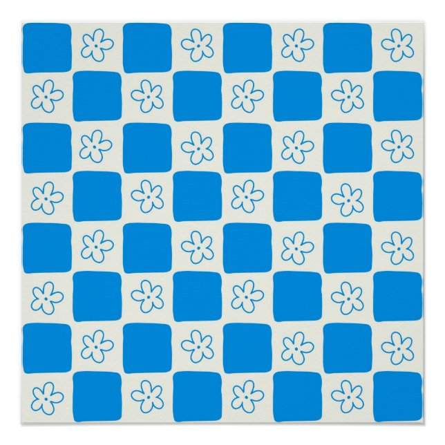 Póster Padrão Xadrez Flor Azul Préppy (Frente)