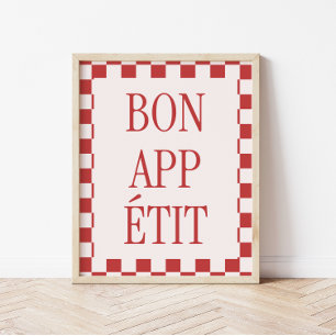 Poster Padrão Xadrez Retro 'Bon Appétit' Cozinha